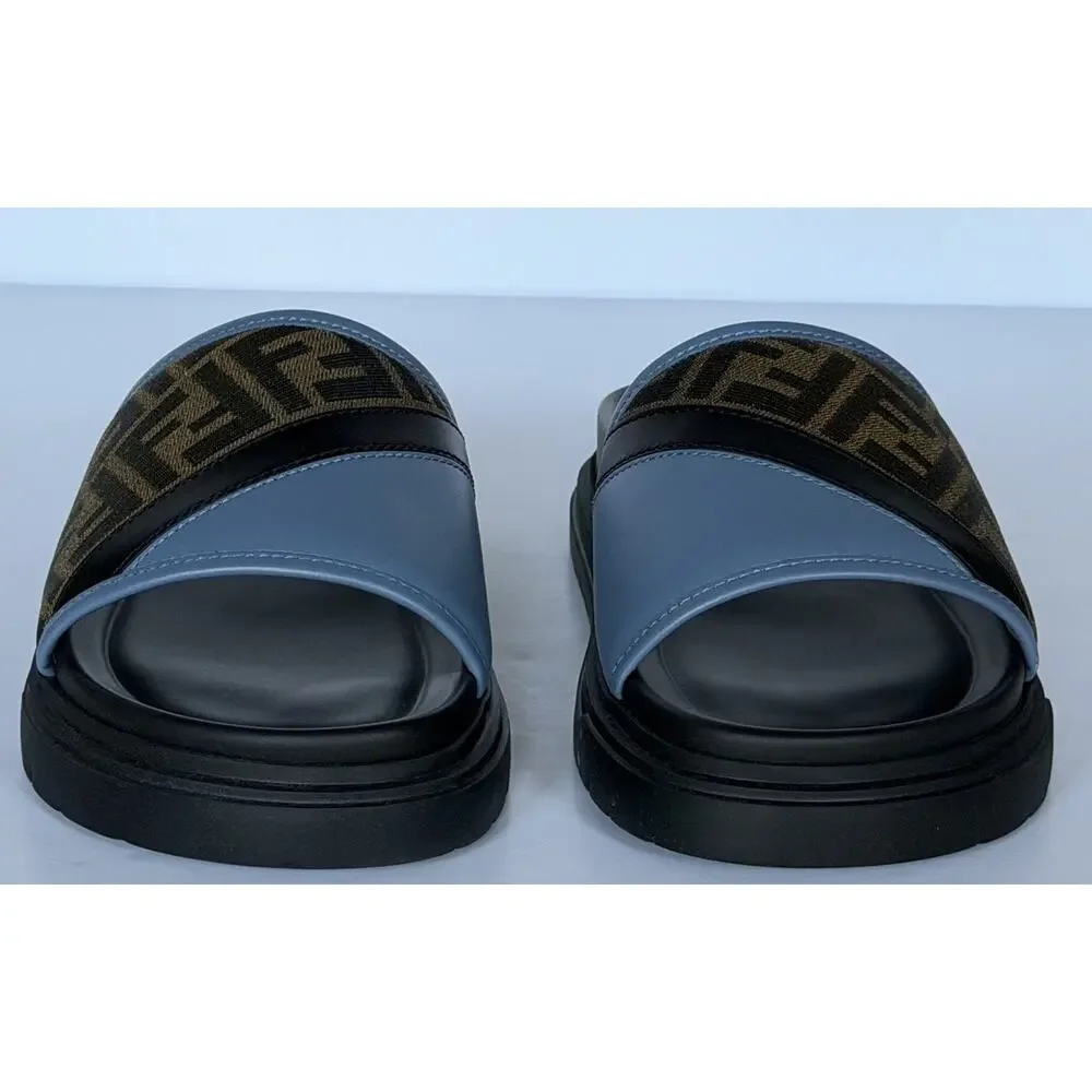 Fendi Men's FF Diagonal Leather/Fabric Slide Sandals 10 US/9 UK 7X1674 NWT $595